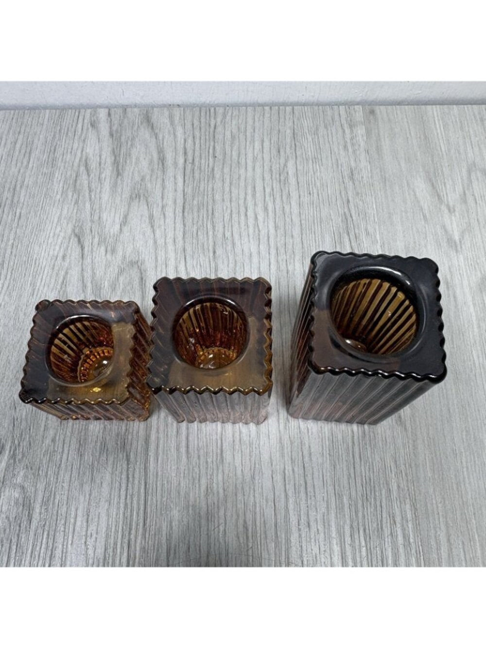 3 Amber Candlestick Holder Lot Candle Square MCM - Picture 5 of 7